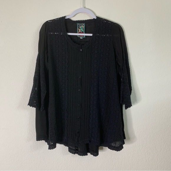 Johnny Was Womens black floral eyelet 3/4 sleeve button front Blouse S - Picture 1 of 8